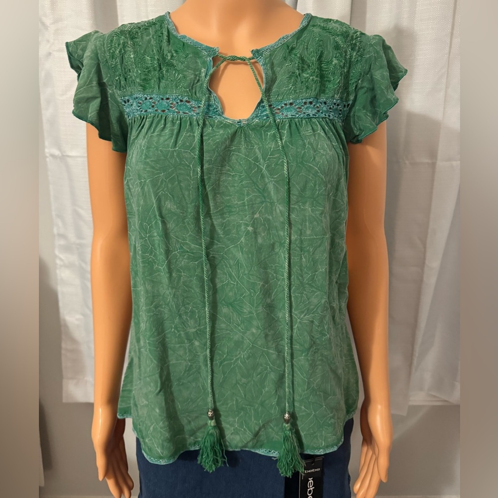 Pretty Farmers Market size PM green embroidered short flutter sleeve shirt new